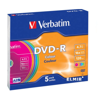 Диск Verbatim  DVD-R AZO 4.7GB 16X COLOUR SURFACE (SC-5 шт)